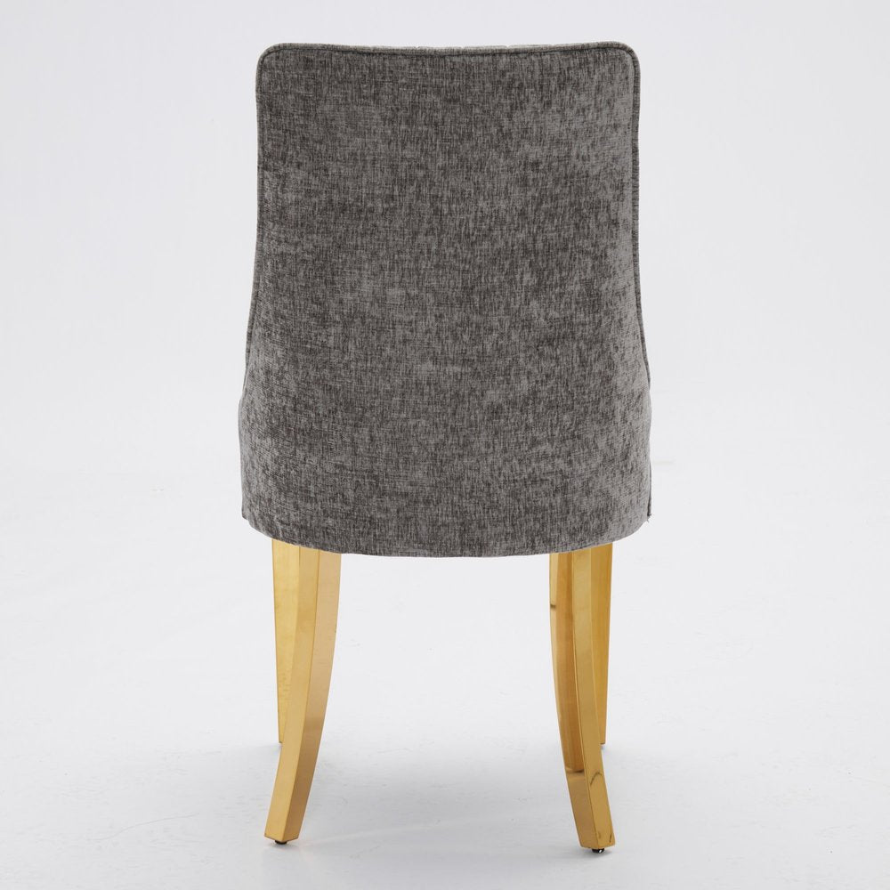 Set of Two Beige White And Gold Chenille And Stainless Steel Dining Side Chairs