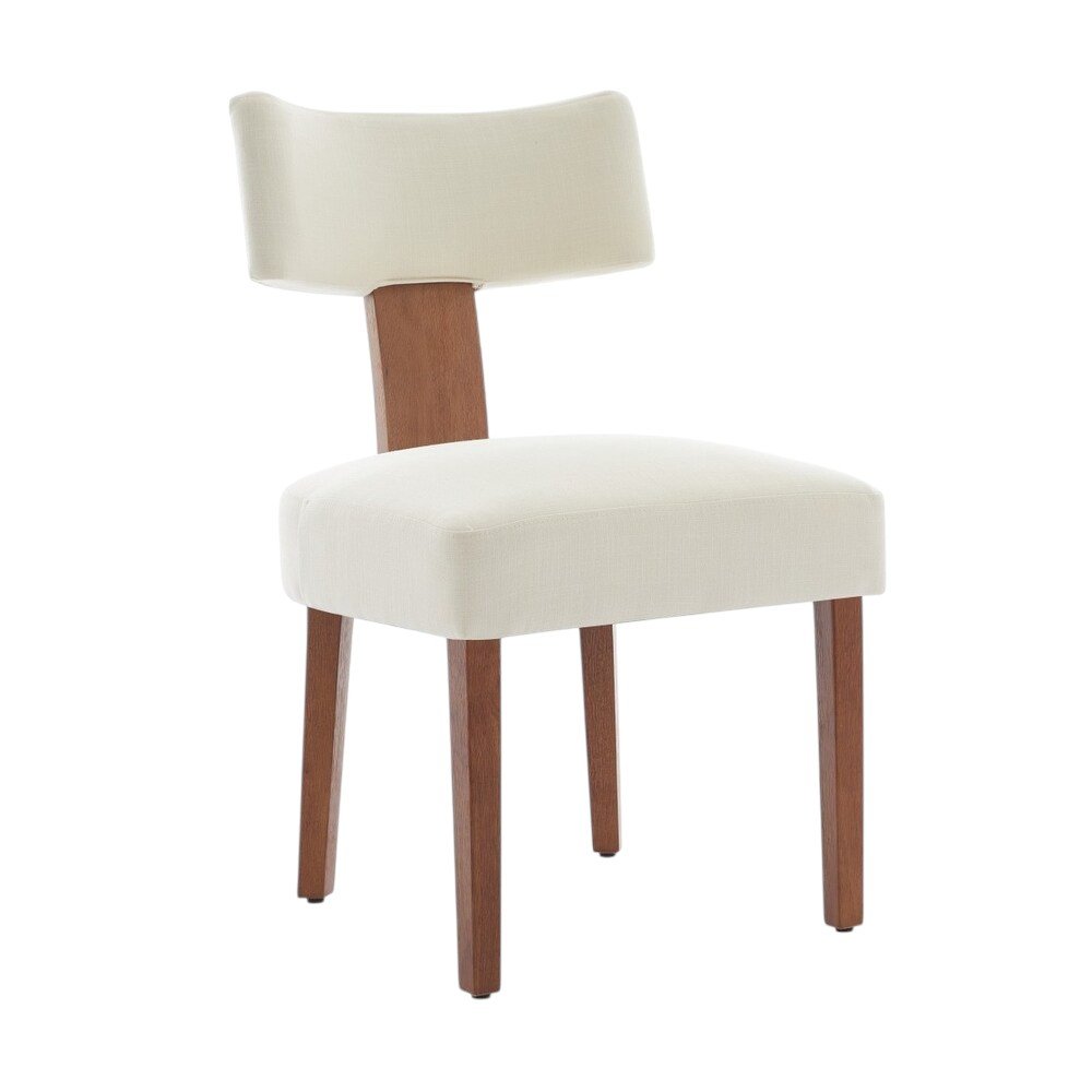 Set of Two Beige White And Brown Linen And Solid Wood Wing Back Dining Side Chairs