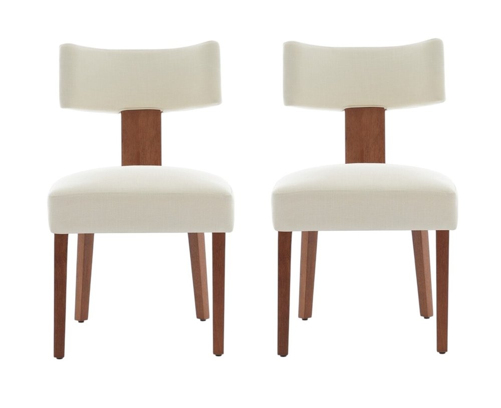 Set of Two Beige White And Brown Linen And Solid Wood Wing Back Dining Side Chairs