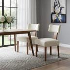 Set of Two Beige White And Brown Linen And Solid Wood Wing Back Dining Side Chairs