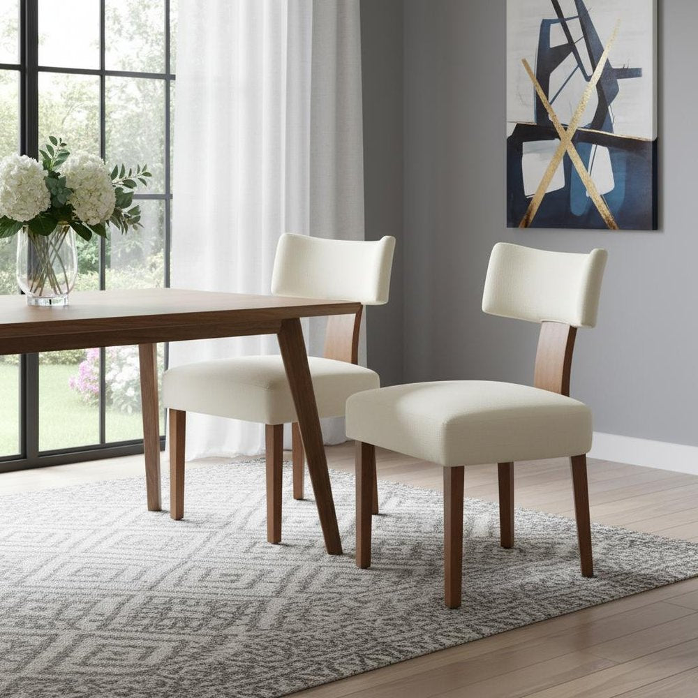 Set of Two Beige White And Brown Linen And Solid Wood Wing Back Dining Side Chairs