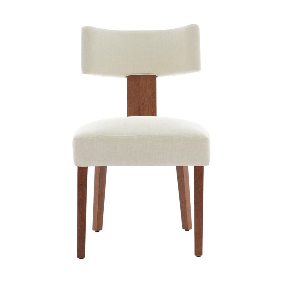 Set of Two Beige White And Brown Linen And Solid Wood Wing Back Dining Side Chairs