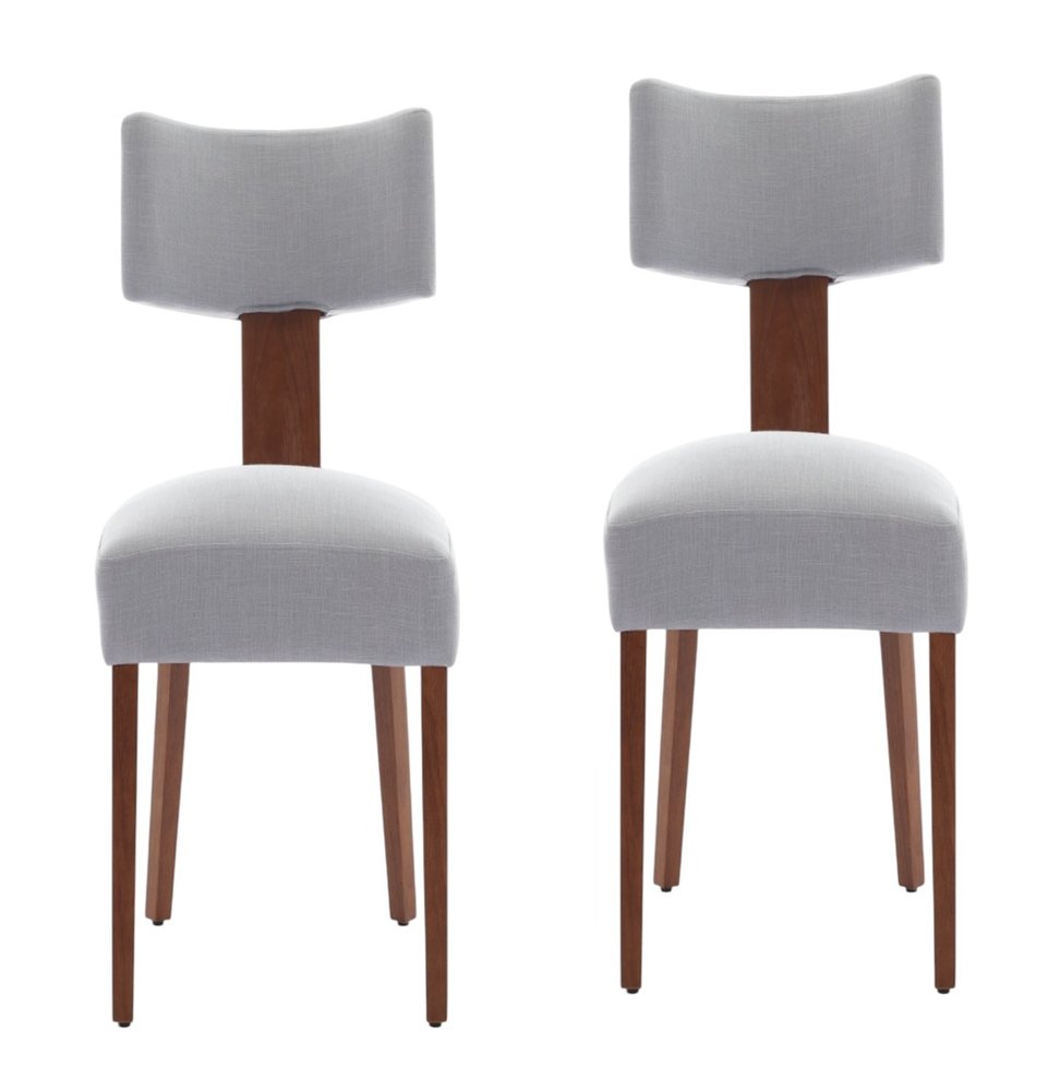 Set of Two Beige White And Brown Linen And Solid Wood Wing Back Dining Side Chairs