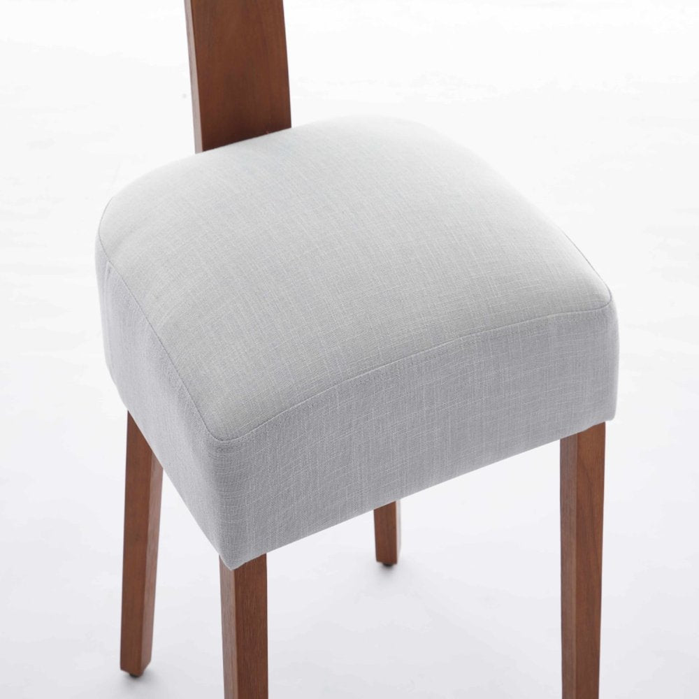 Set of Two Beige White And Brown Linen And Solid Wood Wing Back Dining Side Chairs
