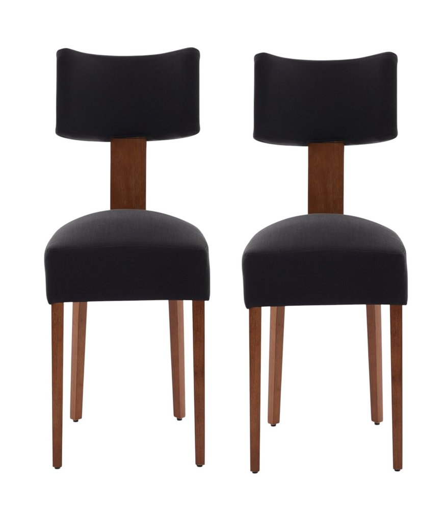 Set of Two Beige White And Brown Linen And Solid Wood Wing Back Dining Side Chairs