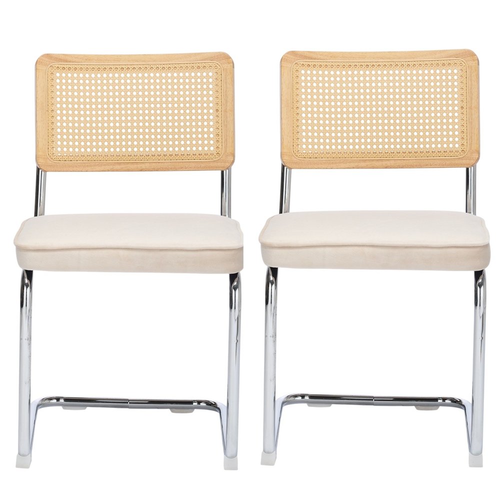 Set of Two Beige White And Silver Velvet And Stainless Steel Dining Side Chairs