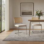 Set of Two Beige White And Silver Velvet And Stainless Steel Dining Side Chairs