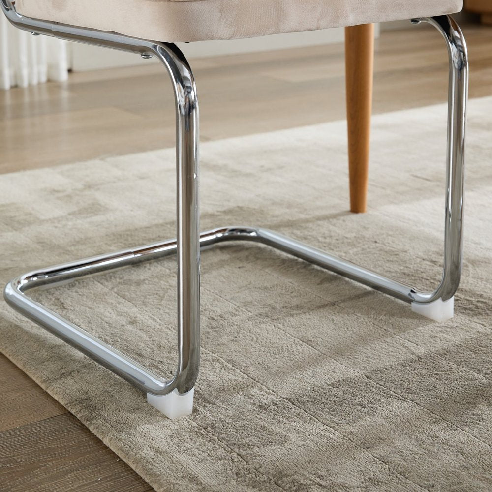 Set of Two Beige White And Silver Velvet And Stainless Steel Dining Side Chairs