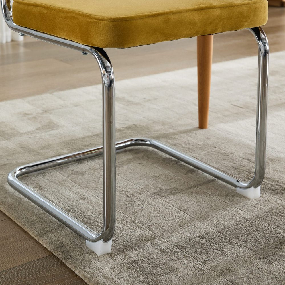 Set of Two Beige White And Silver Velvet And Stainless Steel Dining Side Chairs