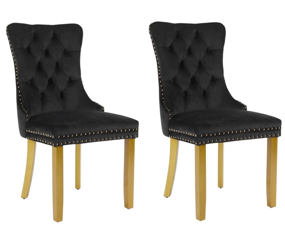 Set of Two Beige White And Gold Tufted Velvet And Solid Wood Dining Side Chairs