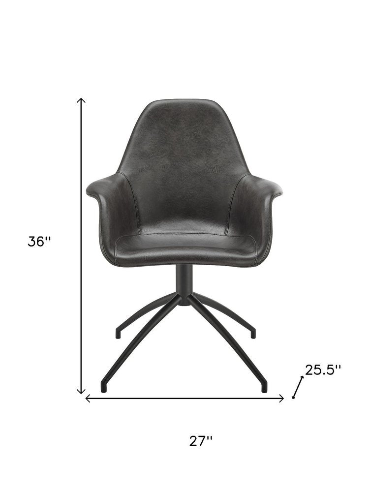 Gray Charcoal And Black Faux Leather And Steel Swivel Dining Arm Chair