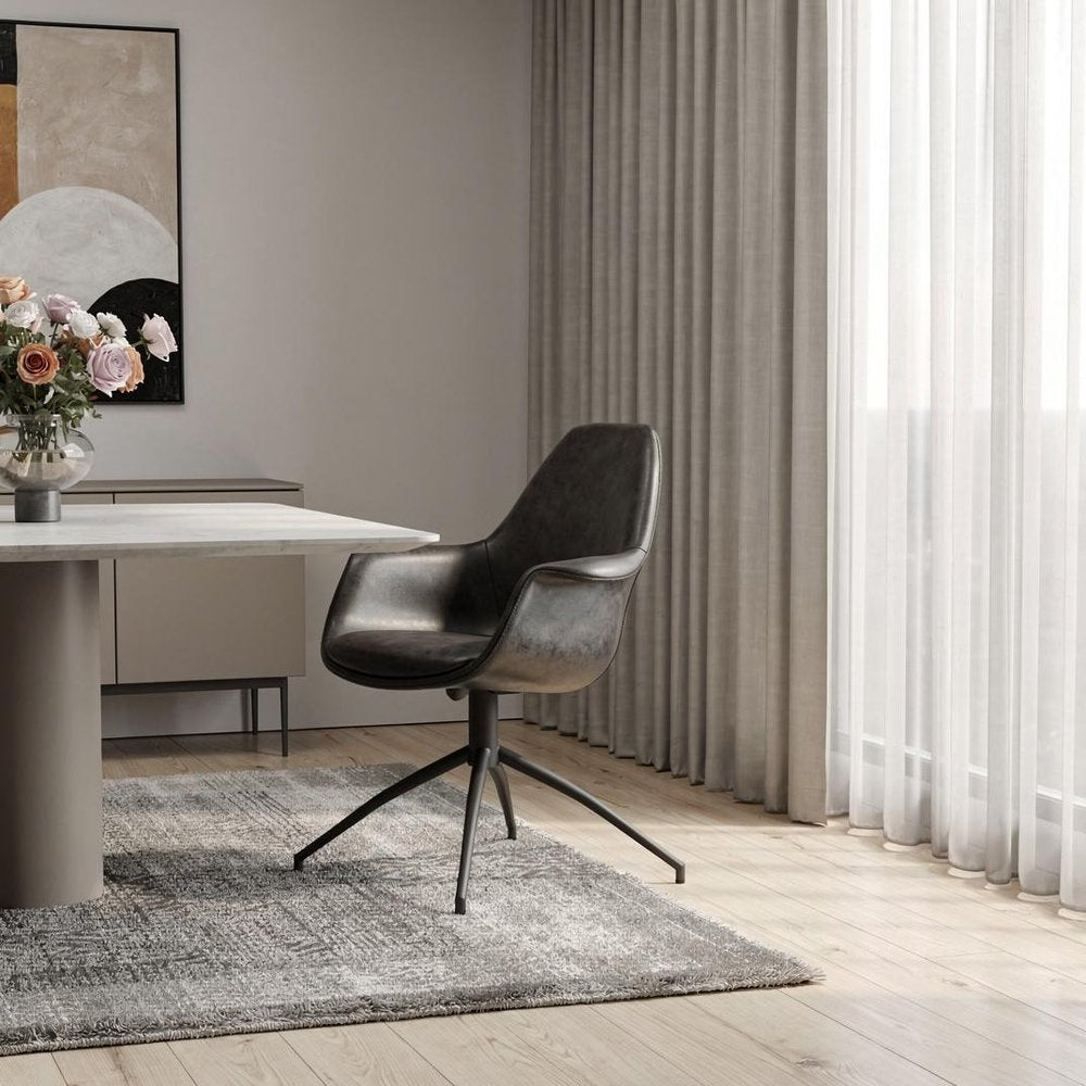 Gray Charcoal And Black Faux Leather And Steel Swivel Dining Arm Chair