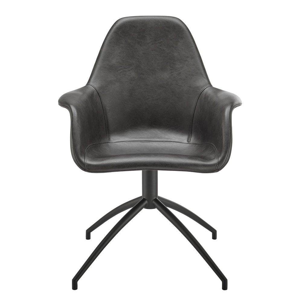 Gray Charcoal And Black Faux Leather And Steel Swivel Dining Arm Chair