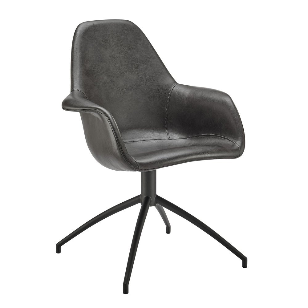 Gray Charcoal And Black Faux Leather And Steel Swivel Dining Arm Chair