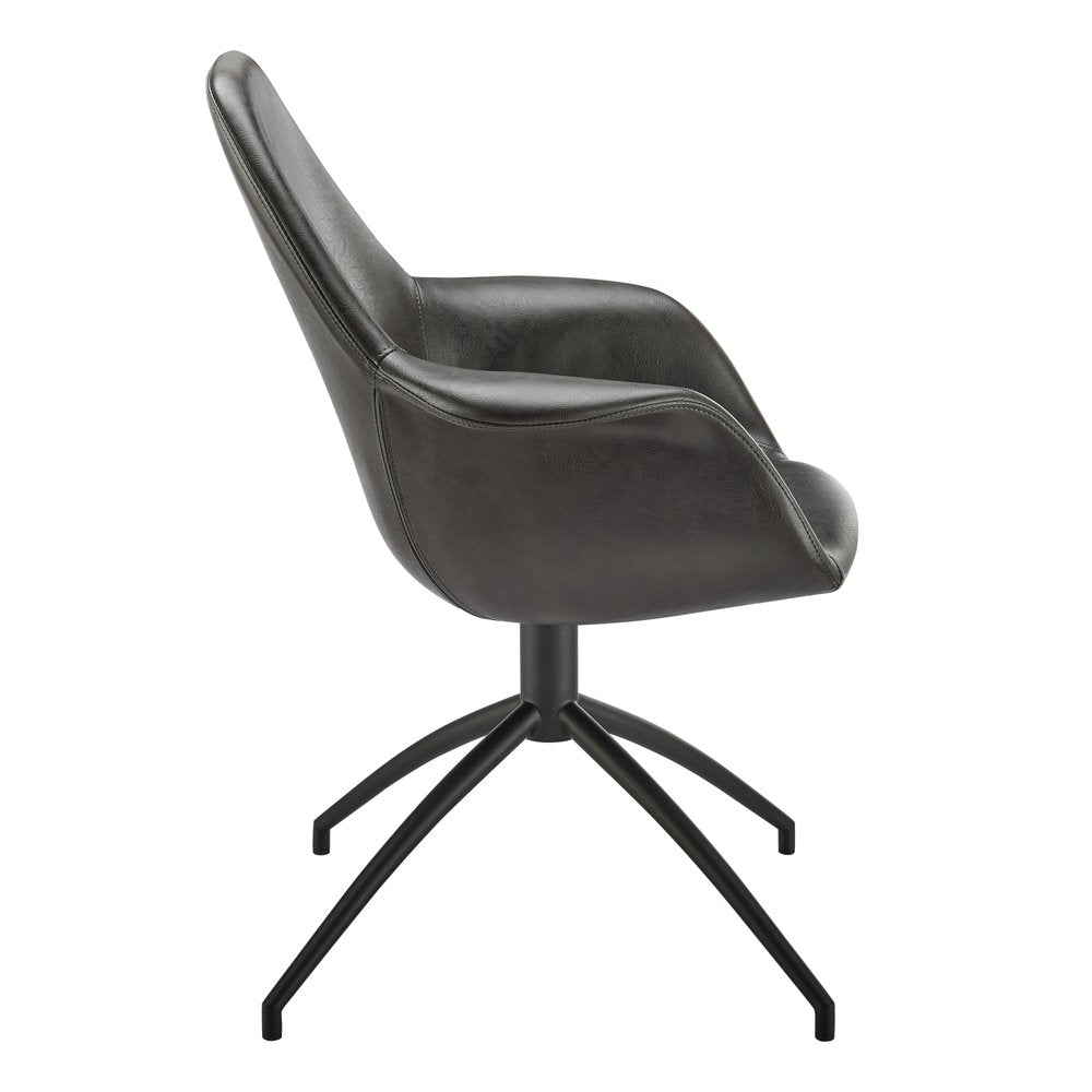Gray Charcoal And Black Faux Leather And Steel Swivel Dining Arm Chair