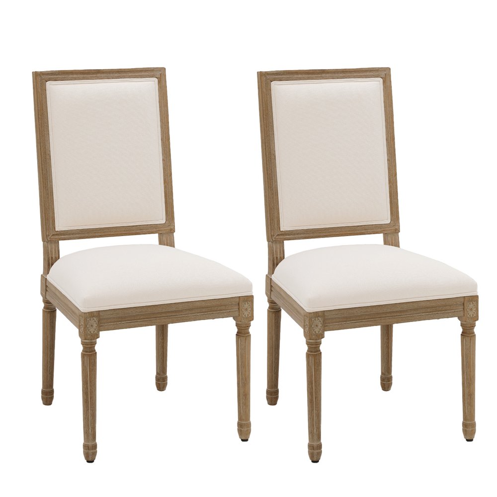 Set of Two Beige And Natural Linen And Solid Wood Dining Side Chairs