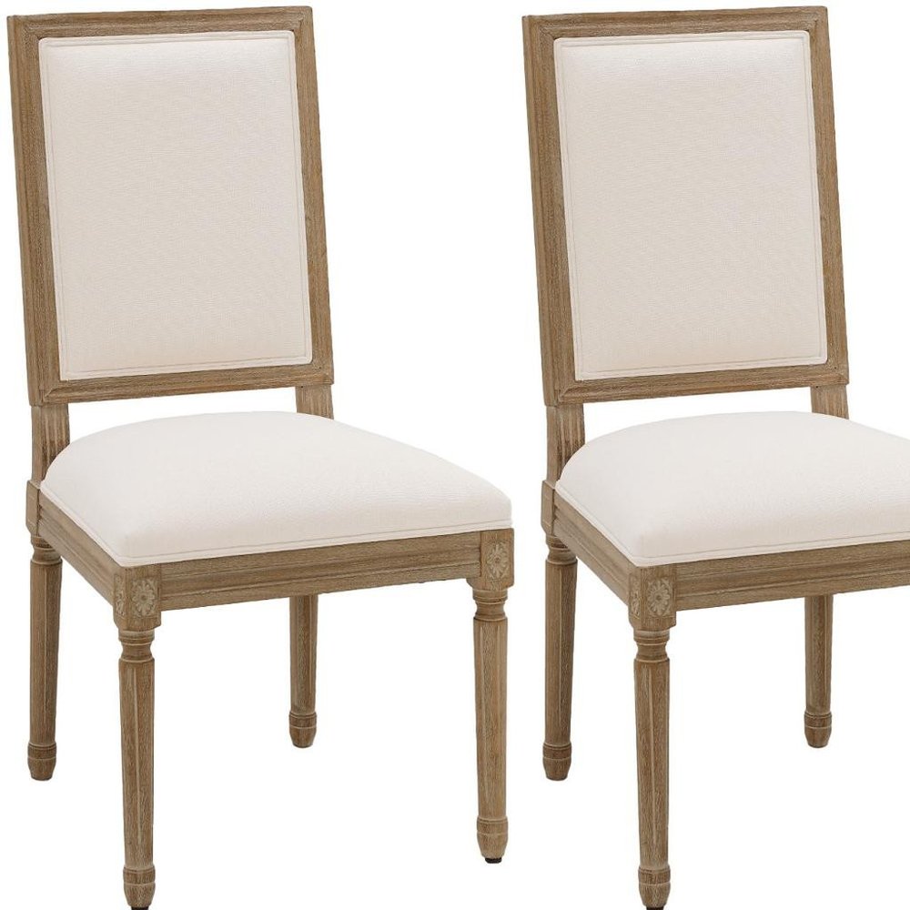 Set of Two Beige And Natural Linen And Solid Wood Dining Side Chairs