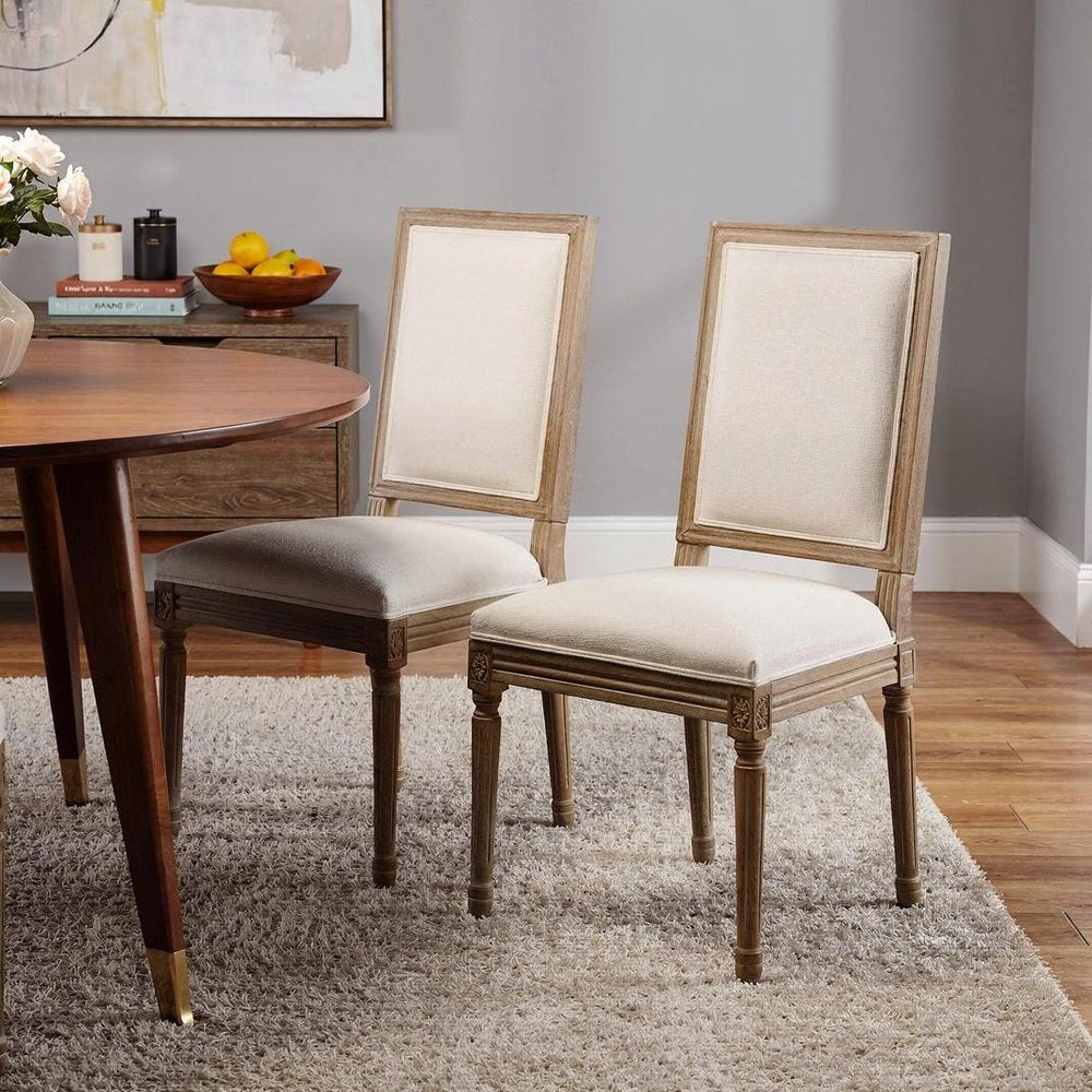 Set of Two Beige And Natural Linen And Solid Wood Dining Side Chairs