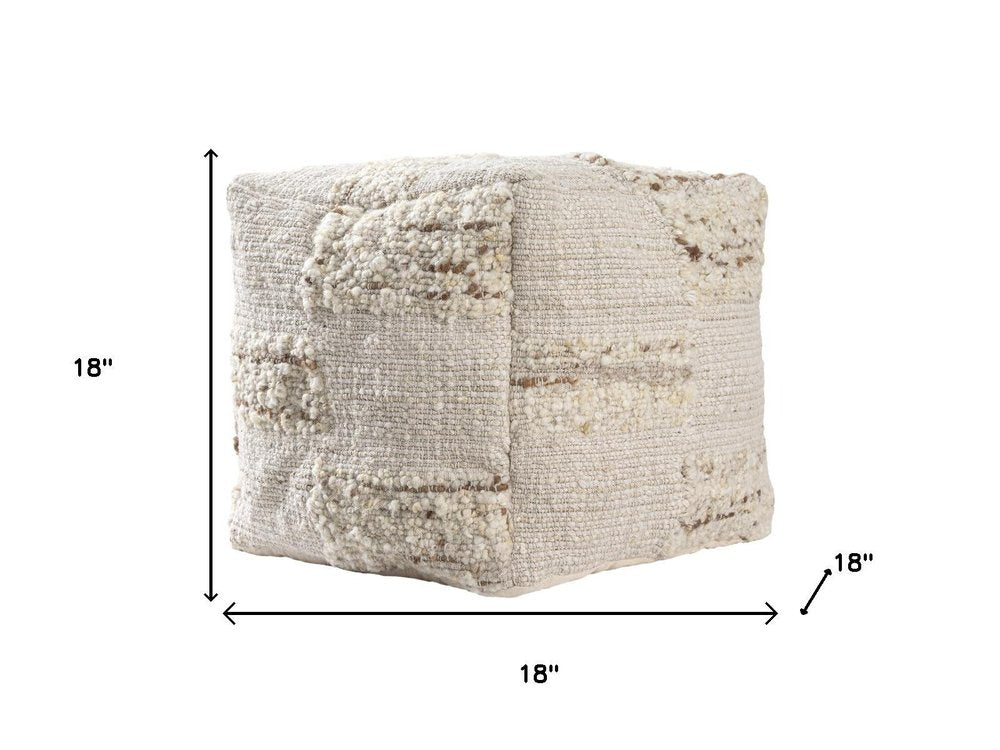 18" Off White And Natural Cotton Jute And Wool Checkered Cube Pouf Ottoman