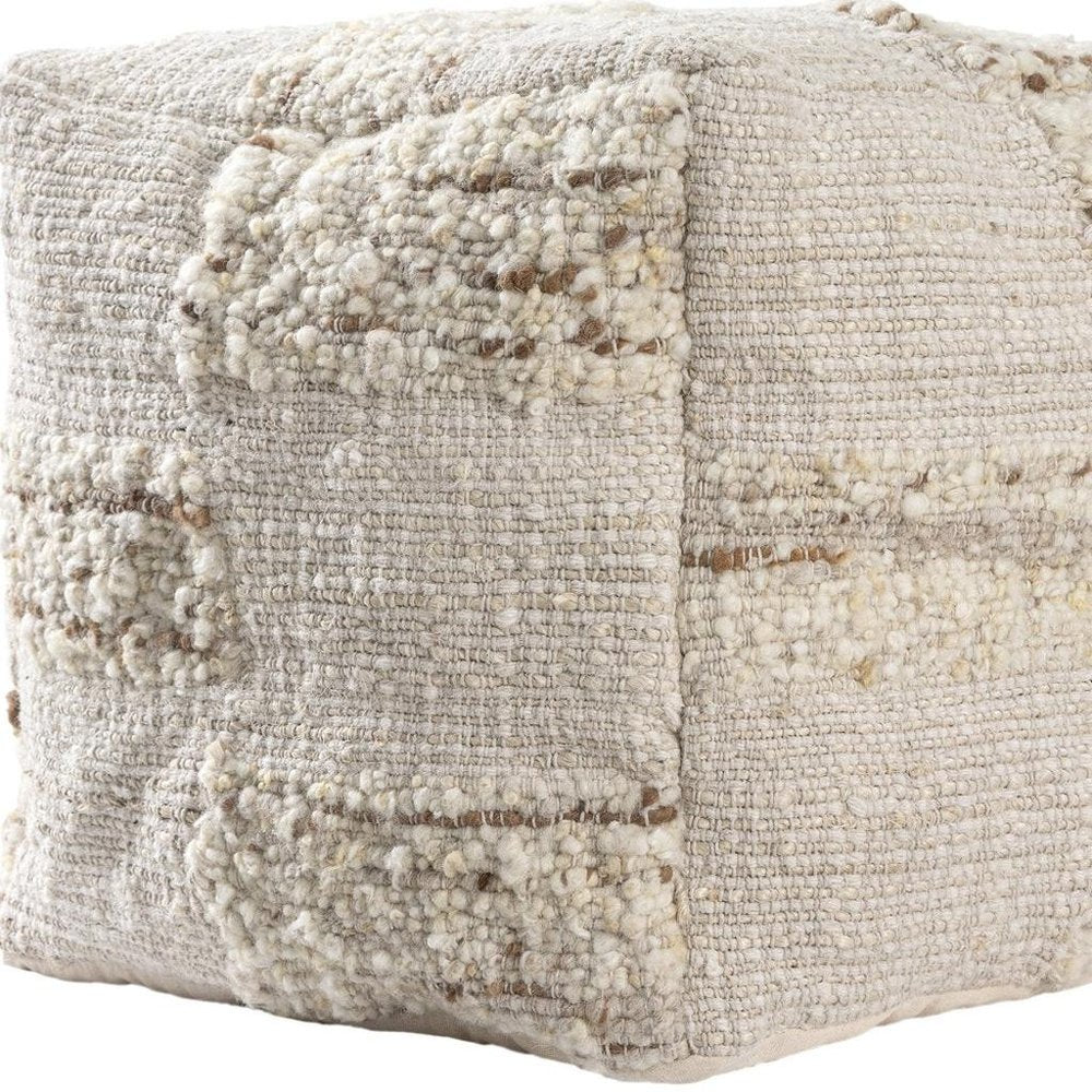 18" Off White And Natural Cotton Jute And Wool Checkered Cube Pouf Ottoman