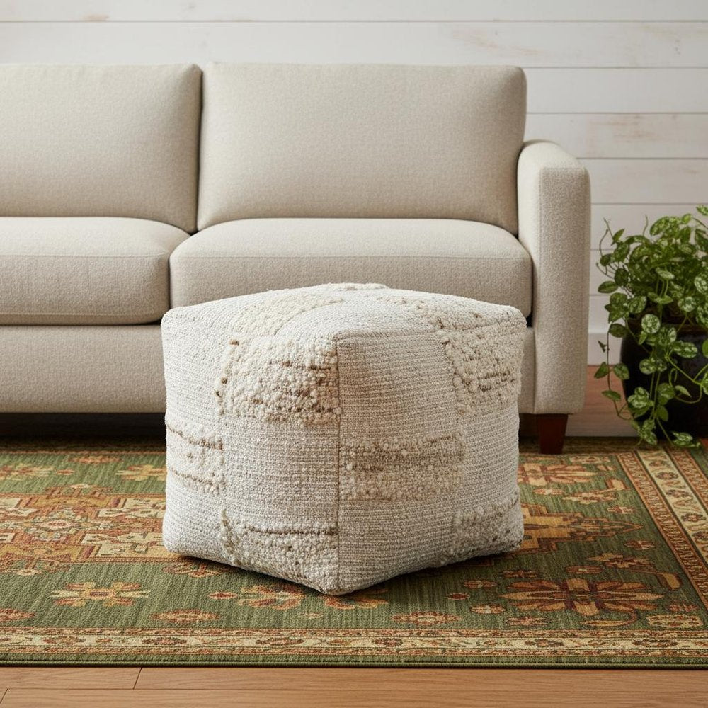 18" Off White And Natural Cotton Jute And Wool Checkered Cube Pouf Ottoman