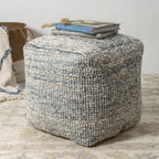 18" Blue and Ivory Cotton Jute and Wool Striped Cube Pouf Ottoman