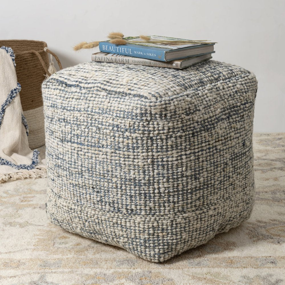 18" Blue and Ivory Cotton Jute and Wool Striped Cube Pouf Ottoman