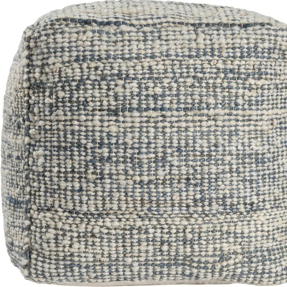 18" Blue and Ivory Cotton Jute and Wool Striped Cube Pouf Ottoman