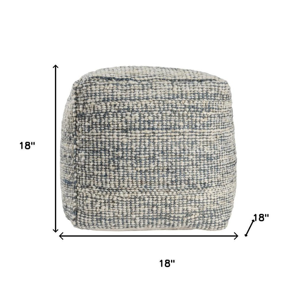 18" Blue and Ivory Cotton Jute and Wool Striped Cube Pouf Ottoman