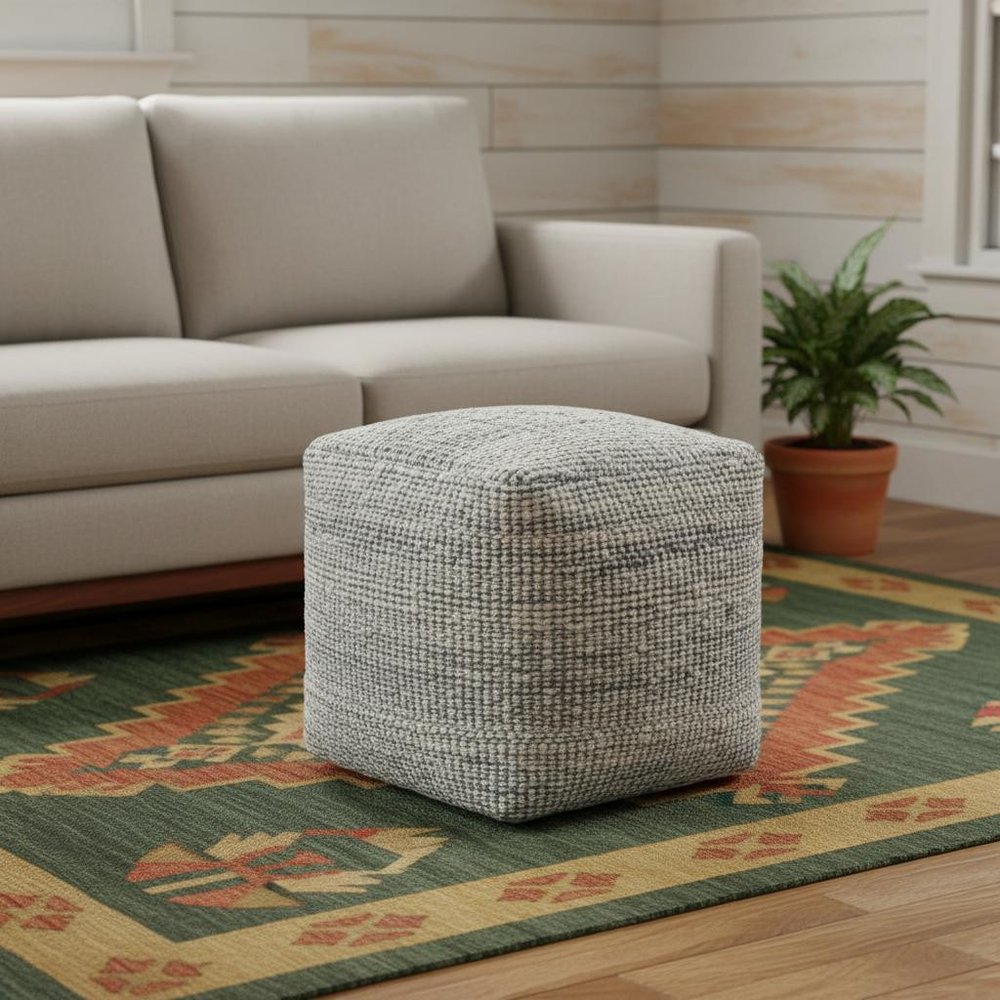 18" Blue and Ivory Cotton Jute and Wool Striped Cube Pouf Ottoman