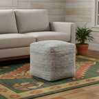 18" Blue and Ivory Cotton Jute and Wool Striped Cube Pouf Ottoman
