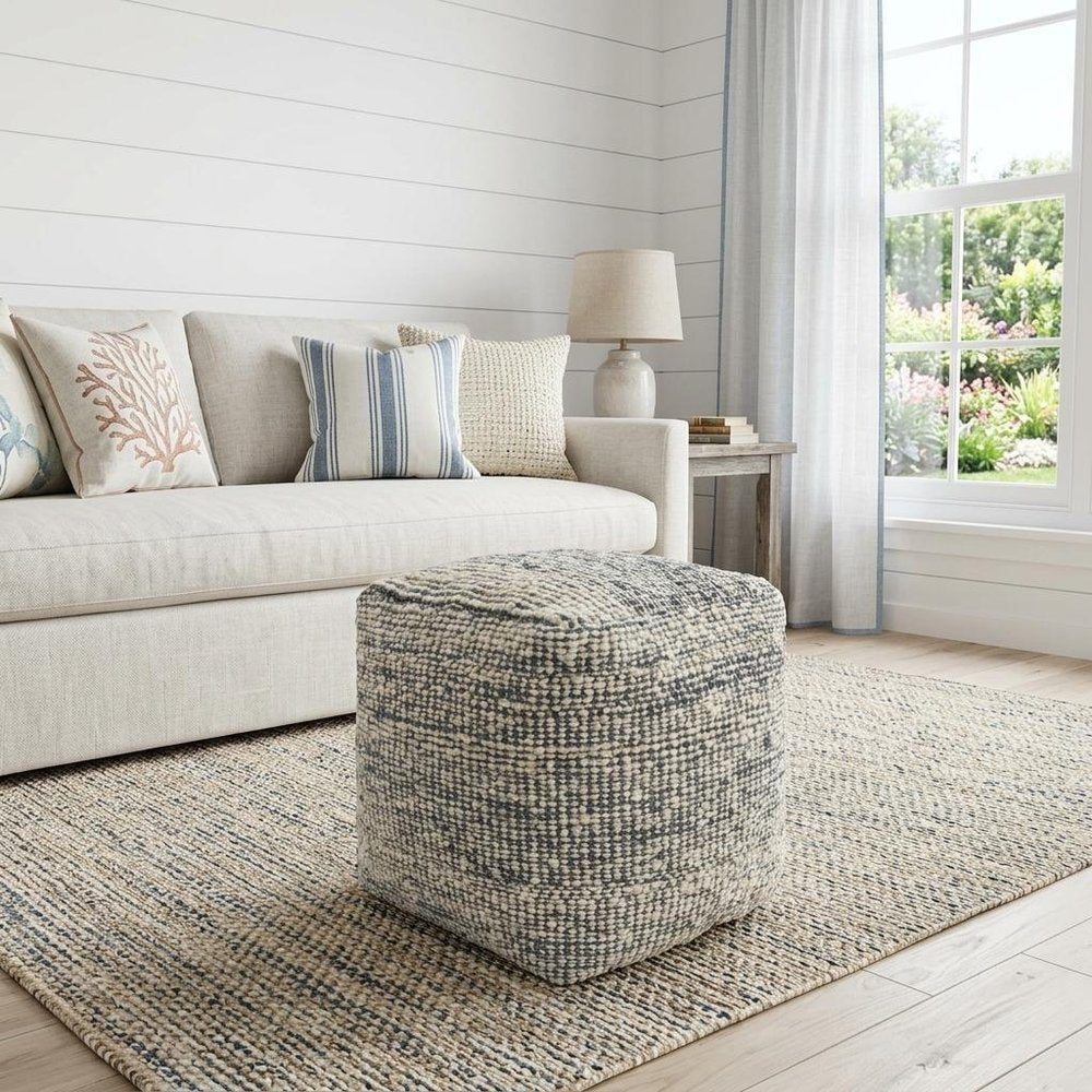 18" Blue and Ivory Cotton Jute and Wool Striped Cube Pouf Ottoman