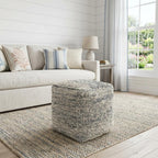 18" Blue and Ivory Cotton Jute and Wool Striped Cube Pouf Ottoman