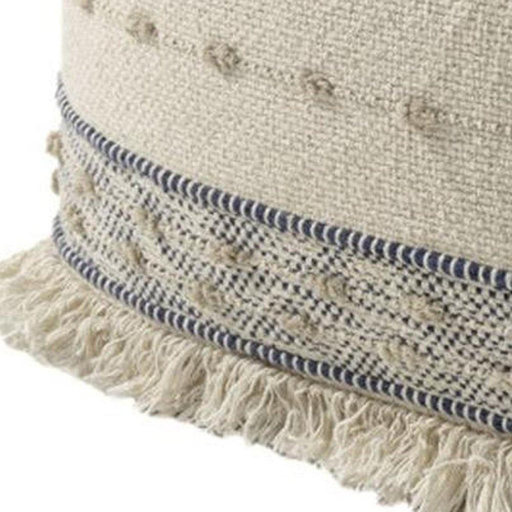 18" Ivory and Navy Blue Cotton and Wool Striped Pouf Ottoman