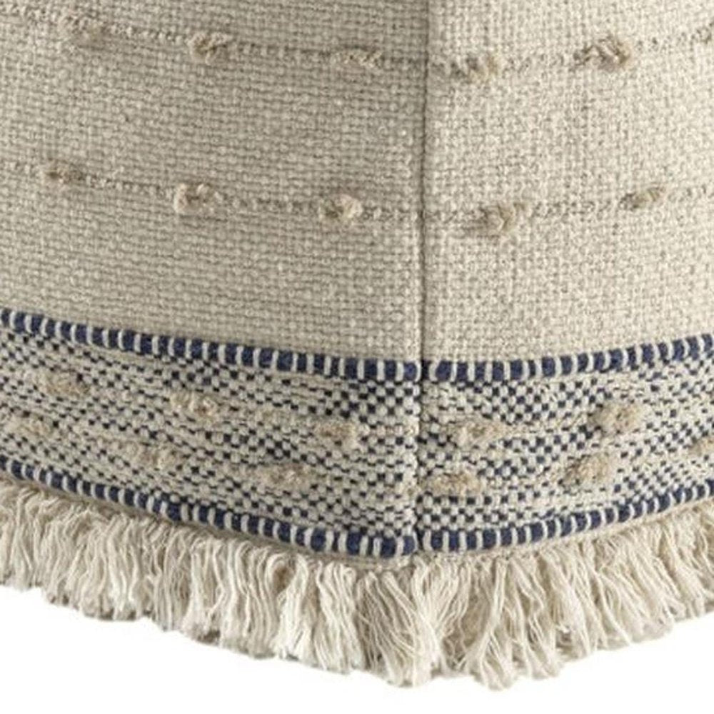 18" Ivory and Navy Blue Cotton and Wool Striped Pouf Ottoman