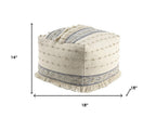 18" Ivory and Navy Blue Cotton and Wool Striped Pouf Ottoman