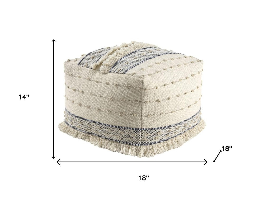 18" Ivory and Navy Blue Cotton and Wool Striped Pouf Ottoman