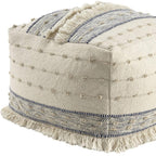 18" Ivory and Navy Blue Cotton and Wool Striped Pouf Ottoman