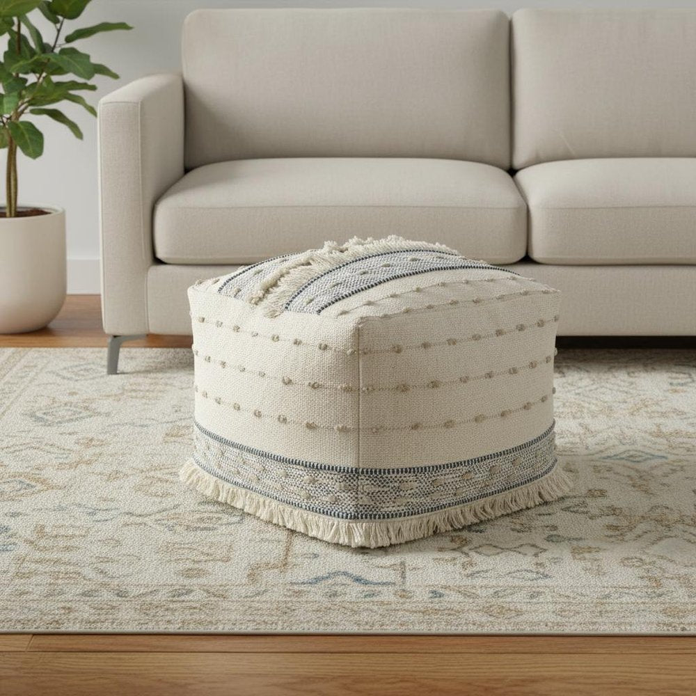 18" Ivory and Navy Blue Cotton and Wool Striped Pouf Ottoman