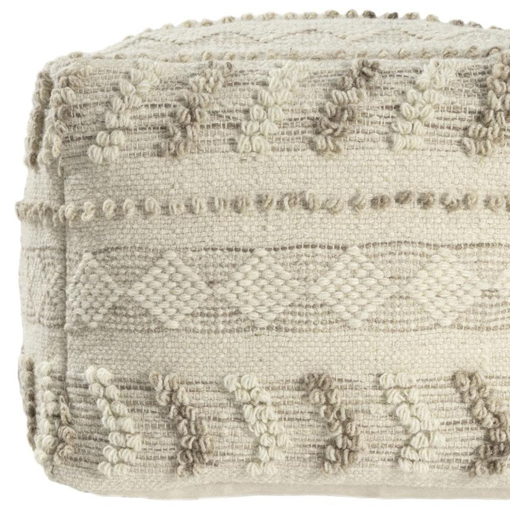 18" Ivory and Natural Cotton And Wool Striped Pouf Ottoman