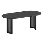 79" Black Solid Wood Double And Rattan Pedestal Base Oval Dining Table