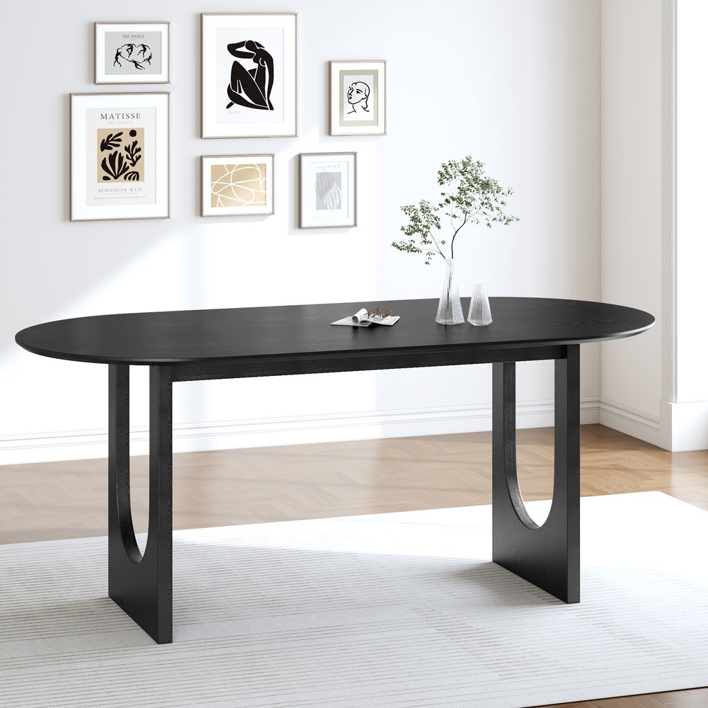 79" Black Solid Wood Geo Double Pedestal Base Oval Dining Table