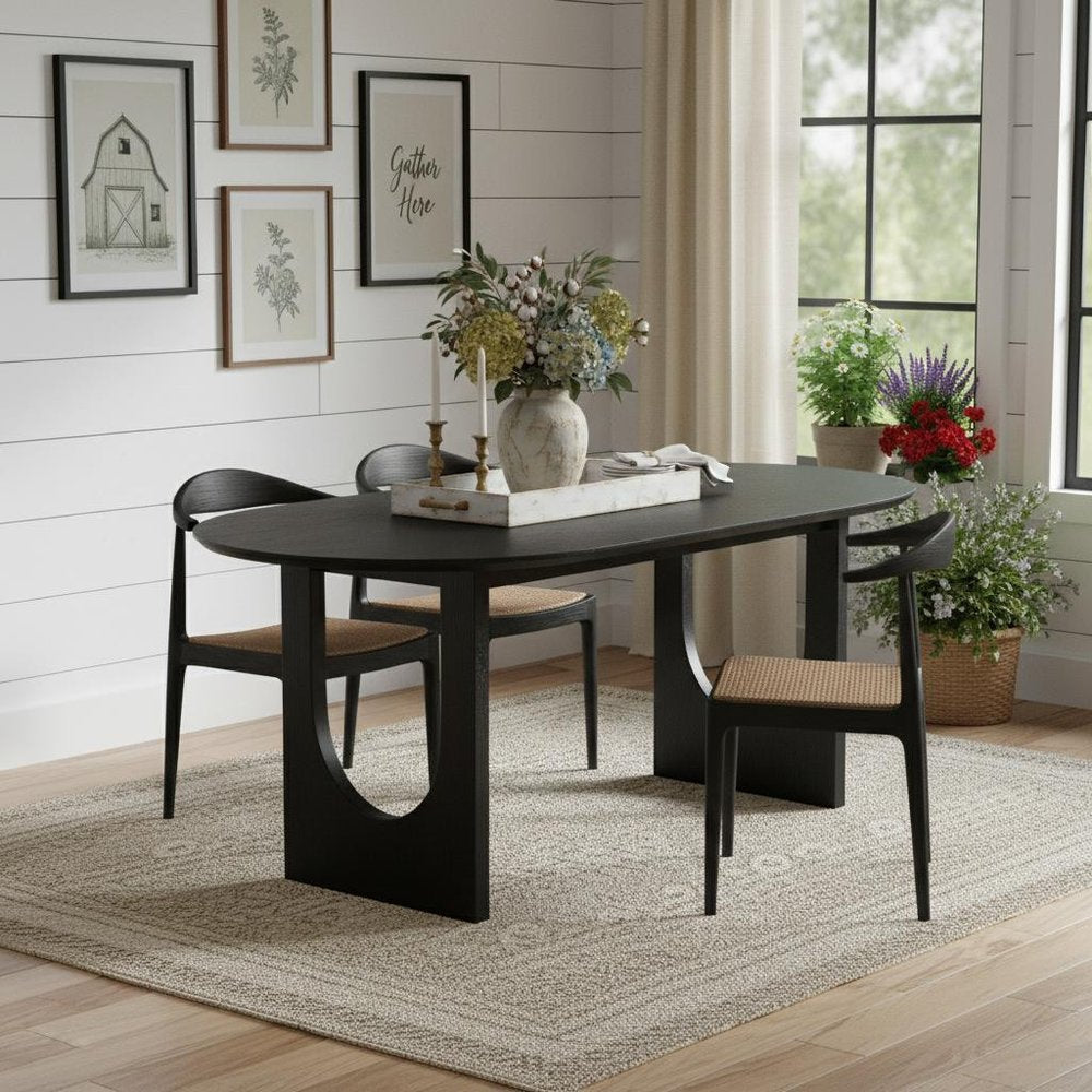 79" Black Solid Wood Geo Double Pedestal Base Oval Dining Table