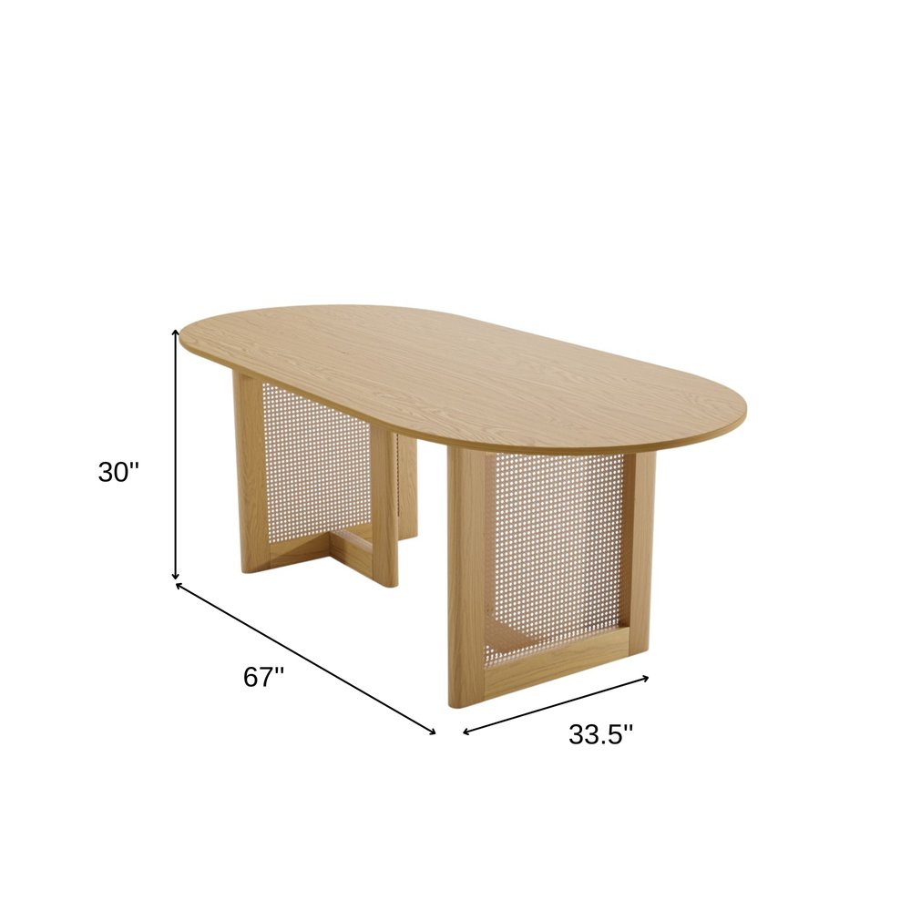 67" Natural Solid Wood And Rattan Double Pedestal Base Oval Dining Table