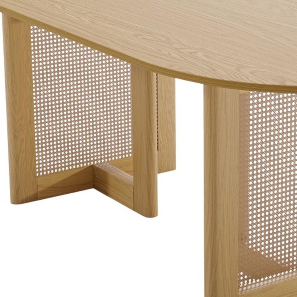 67" Natural Solid Wood And Rattan Double Pedestal Base Oval Dining Table