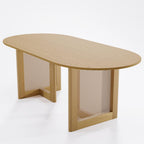 67" Natural Solid Wood And Rattan Double Pedestal Base Oval Dining Table