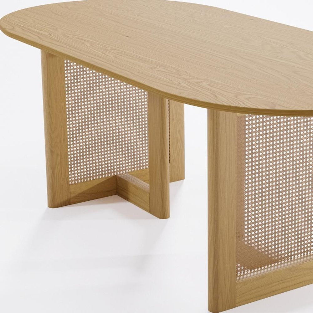 67" Natural Solid Wood And Rattan Double Pedestal Base Oval Dining Table