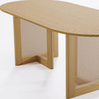 67" Natural Solid Wood And Rattan Double Pedestal Base Oval Dining Table