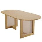 67" Natural Solid Wood And Rattan Double Pedestal Base Oval Dining Table