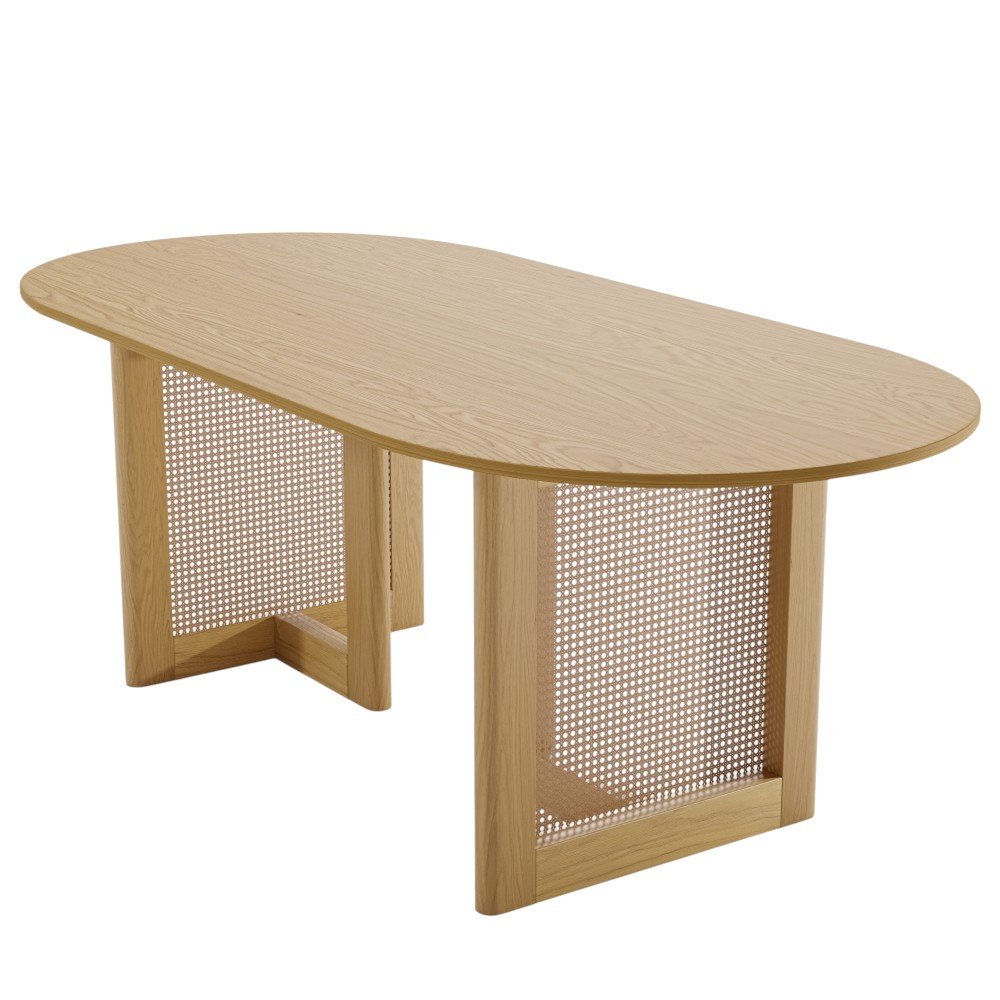 67" Natural Solid Wood And Rattan Double Pedestal Base Oval Dining Table